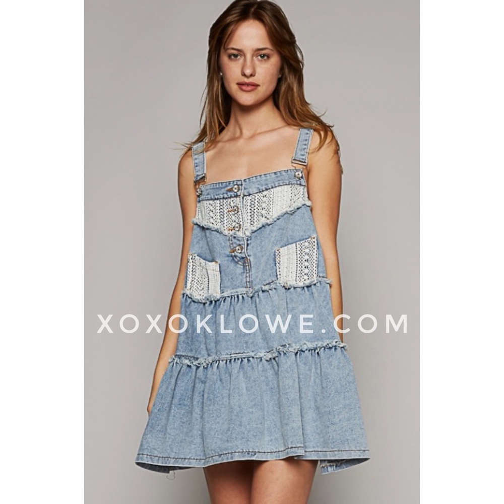 POL Denim + Crochet Patch Tiered Skirtall Mini Dress - Picture 7 of 16